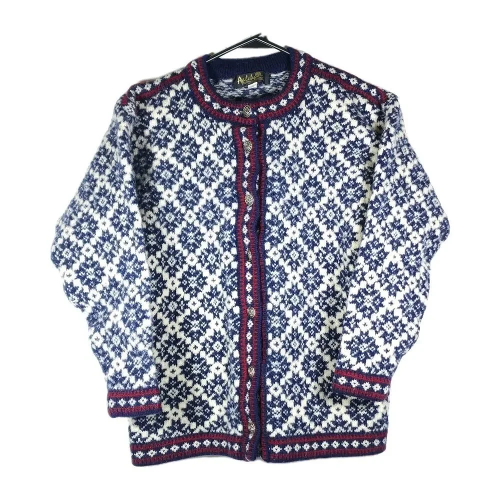 Apleks Women's Sz XS 100% Wool Blue Fair Isle Nordic Design Cardigan Sweater - Picture 1 of 10